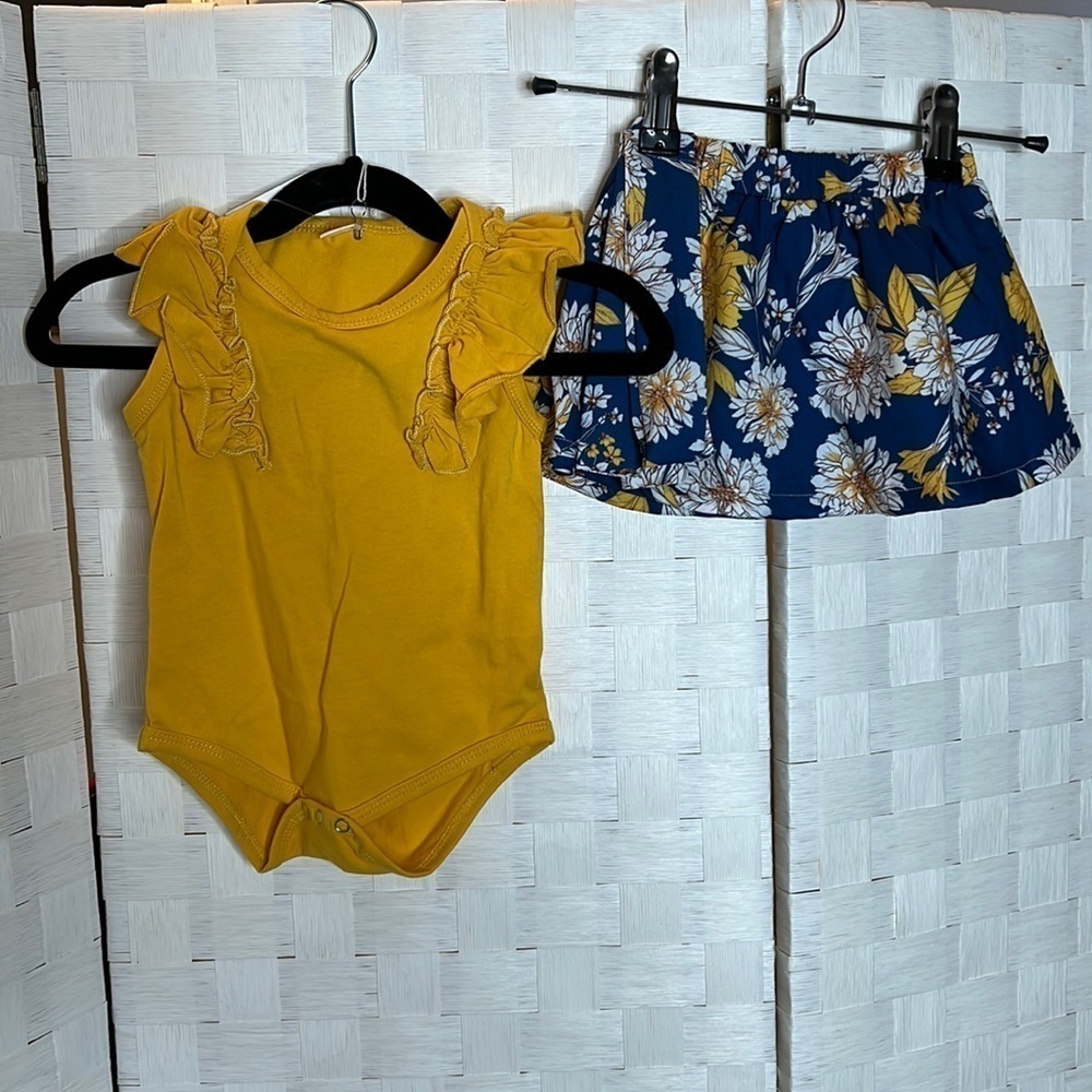 3-PIECE Baby Girl Yellow Bodysuit and Flower Skirt Hair Band Outfits 